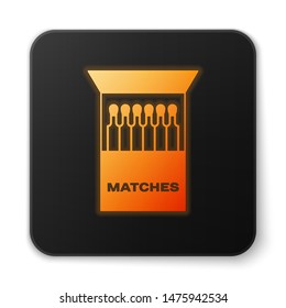 Orange glowing neon Open matchbox and matches icon isolated on white background. Black square button. Vector Illustration