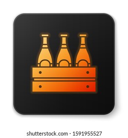 Orange glowing neon Pack of beer bottles icon isolated on white background. Wooden box and beer bottles. Case crate beer box sign. Black square button. Vector Illustration