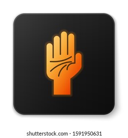 Orange glowing neon Palmistry of the hand icon isolated on white background. Black square button. Vector Illustration