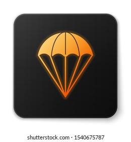 Orange glowing neon Parachute icon isolated on white background. Black square button. Vector Illustration