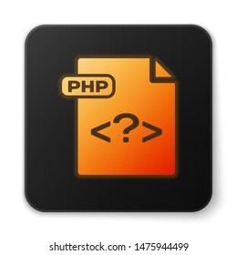 Orange glowing neon PHP file document. Download php button icon isolated on white background. PHP file symbol. Black square button. Vector Illustration