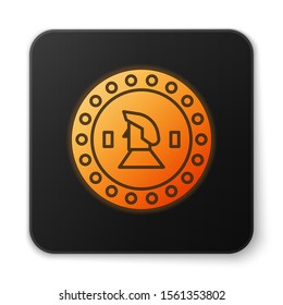 Orange glowing neon Pirate coin icon isolated on white background. Black square button. Vector Illustration