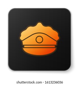 Orange glowing neon Police cap with cockade icon isolated on white background. Police hat sign. Black square button. Vector Illustration