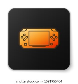 Orange glowing neon Portable video game console icon isolated on white background. Gamepad sign. Gaming concept. Black square button. Vector Illustration