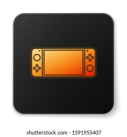 Orange glowing neon Portable video game console icon isolated on white background. Gamepad sign. Gaming concept. Black square button. Vector Illustration
