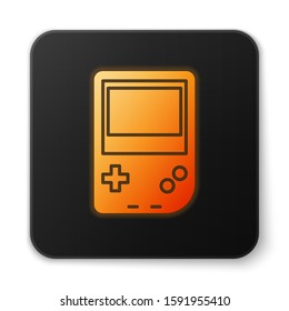 Orange glowing neon Portable video game console icon isolated on white background. Gamepad sign. Gaming concept. Black square button. Vector Illustration