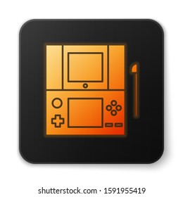 Orange glowing neon Portable video game console icon isolated on white background. Gamepad sign. Gaming concept. Black square button. Vector Illustration