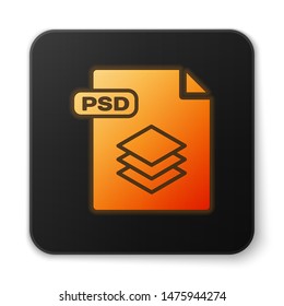 Orange glowing neon PSD file document. Download psd button icon isolated on white background. PSD file symbol. Black square button. Vector Illustration