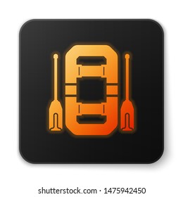 Orange glowing neon Rafting boat icon isolated on white background. Inflatable boat with oars. Water sports, extreme sports, holiday, vacation, team building. Black square button. Vector Illustration