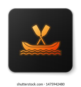 Orange glowing neon Rafting boat icon isolated on white background. Kayak with paddles. Water sports, extreme sports, holiday, vacation, team building. Black square button. Vector Illustration