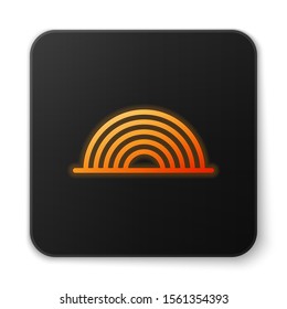 Orange glowing neon Rainbow with clouds icon isolated on white background. Black square button. Vector Illustration