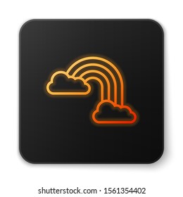 Orange glowing neon Rainbow with clouds icon isolated on white background. Black square button. Vector Illustration