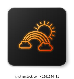Orange glowing neon Rainbow with clouds and sun icon isolated on white background. Black square button. Vector Illustration