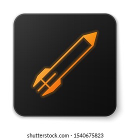 Orange glowing neon Rocket icon isolated on white background. Black square button. Vector Illustration