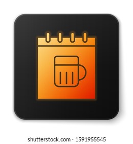 Orange glowing neon Saint Patricks day with calendar icon isolated on white background. Four leaf clover symbol. Date 17 March. Black square button. Vector Illustration