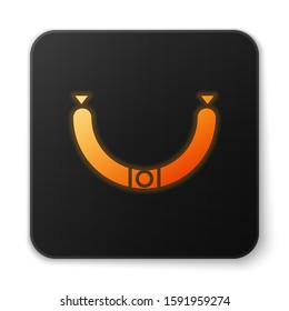 Orange glowing neon Sausage with steam icon isolated on white background. Grilled sausage and aroma sign. Black square button. Vector Illustration