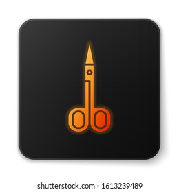 Orange glowing neon Scissors icon isolated on white background. Cutting tool sign. Black square button. Vector Illustration