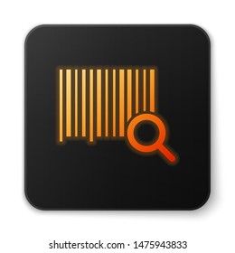 Orange glowing neon Search barcode icon isolated on white background. Magnifying glass searching barcode. Barcode label sticker. Research barcode. Black square button. Vector Illustration