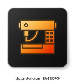 Orange glowing neon Sewing machine icon isolated on white background. Black square button. Vector Illustration