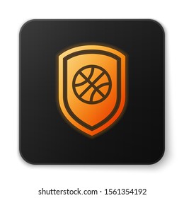Orange glowing neon Shield in the basketball ball inside icon isolated on white background. Black square button. Vector Illustration