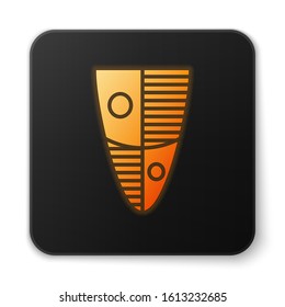 Orange glowing neon Shield icon isolated on white background. Guard sign. Security, safety, protection, privacy concept. Black square button. Vector Illustration