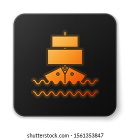 Orange glowing neon Ship icon isolated on white background. Black square button. Vector Illustration