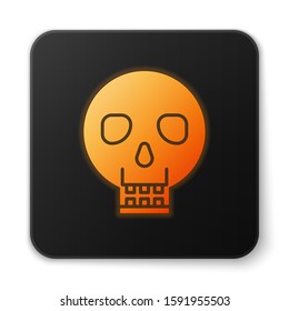 Orange glowing neon Skull icon isolated on white background. Happy Halloween party. Black square button. Vector Illustration
