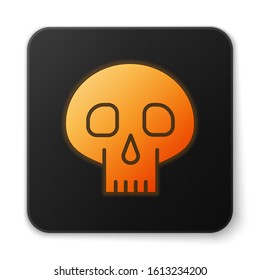 Orange glowing neon Skull icon isolated on white background. Black square button. Vector Illustration
