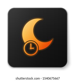 Orange glowing neon Sleeping moon icon isolated on white background. Black square button. Vector Illustration