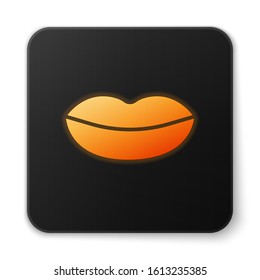 Orange glowing neon Smiling lips icon isolated on white background. Smile symbol. Black square button. Vector Illustration