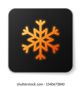 Orange glowing neon Snowflake icon isolated on white background. Black square button. Vector Illustration