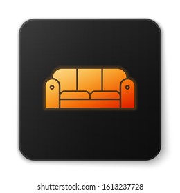 Orange glowing neon Sofa icon isolated on white background. Black square button. Vector Illustration