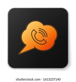 Orange glowing neon Speech bubble with phone call icon isolated on white background. Black square button. Vector Illustration