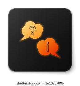 Orange glowing neon Speech bubbles with Question and Exclamation icon isolated on white background. FAQ sign. Copy files, chat speech bubble and chart. Black square button. Vector Illustration