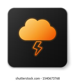 Orange glowing neon Storm icon isolated on white background. Cloud and lightning sign. Weather icon of storm. Black square button. Vector Illustration