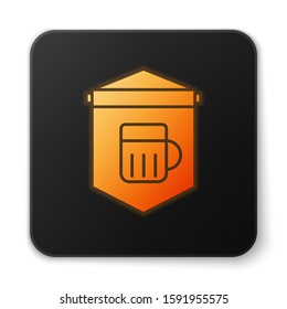 Orange glowing neon Street signboard with glass of beer icon isolated on white background. Suitable for advertisements bar, cafe, pub, restaurant. Black square button. Vector Illustration