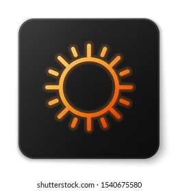 Orange glowing neon Sun icon isolated on white background. Black square button. Vector Illustration
