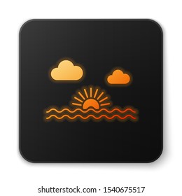 Orange glowing neon Sunset icon isolated on white background. Black square button. Vector Illustration