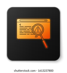 Orange glowing neon System bug concept icon isolated on white background. Code bug concept. Bug in the system. Bug searching. Black square button. Vector Illustration