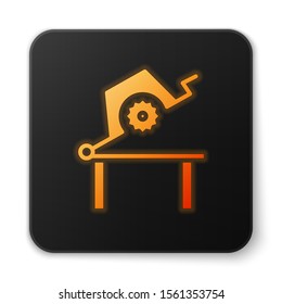 Orange glowing neon Table saw for woodwork icon isolated on white background. Power saw bench. Black square button. Vector Illustration