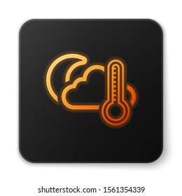 Orange glowing neon Thermometer and cloud with moon icon isolated on white background. Black square button. Vector Illustration