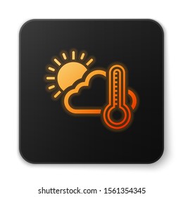 Orange glowing neon Thermometer and cloud with sun icon isolated on white background. Black square button. Vector Illustration