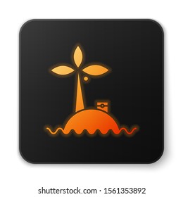 Orange glowing neon Tropical island in ocean icon isolated on white background. Landscape with ocean and palm trees. Travel. Black square button. Vector Illustration