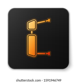 Orange glowing neon Truck side mirror icon isolated on white background. Black square button. Vector Illustration