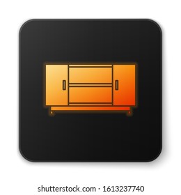 Orange glowing neon TV table stand icon isolated on white background. Black square button. Vector Illustration