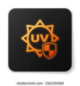 Orange glowing neon UV protection icon isolated on white background. Sun and shield. Ultra violet rays radiation. SPF sun sign. Black square button. Vector Illustration