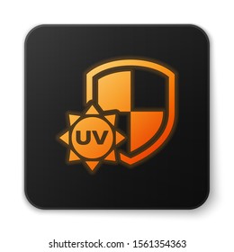 Orange glowing neon UV protection icon isolated on white background. Sun and shield. Ultra violet rays radiation. SPF sun sign. Black square button. Vector Illustration