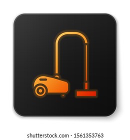 Orange glowing neon Vacuum cleaner icon isolated on white background. Black square button. Vector Illustration