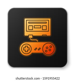 Orange glowing neon Video game console with joystick icon isolated on white background. Black square button. Vector Illustration