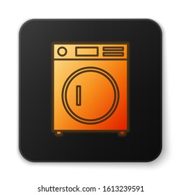 Orange glowing neon Washer icon isolated on white background. Washing machine icon. Clothes washer - laundry machine. Home appliance symbol. Black square button. Vector Illustration